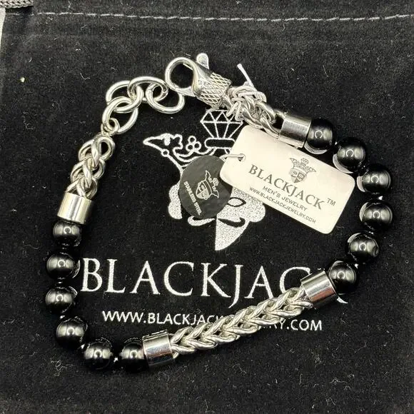 Blackjack BJB220NX Mens Genuine Onyx Bead & Stainless Steel Franco Bracelet NWT